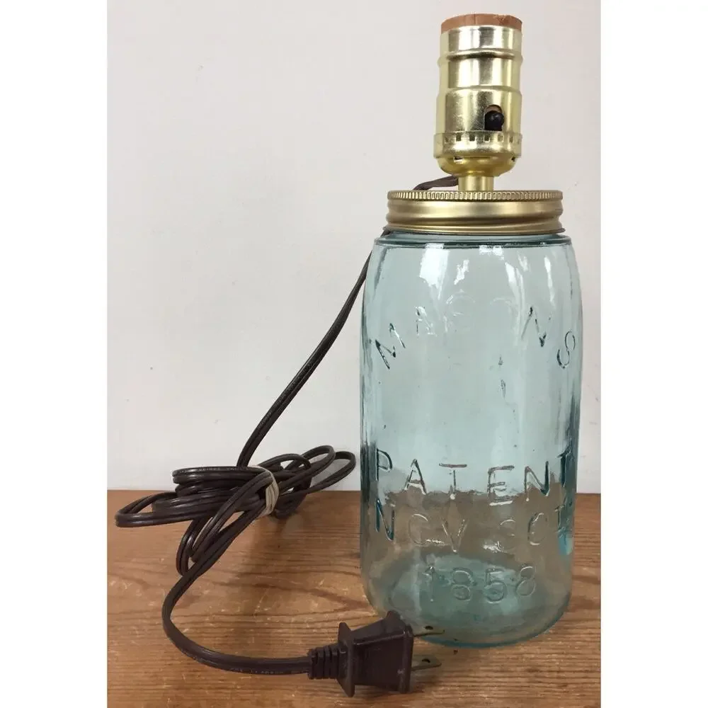 Vtg Antique Mason Jar Masons Nov 30th 1858 Blue Green Glass Fruit Jar Lamp 9.75